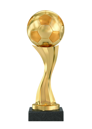 Golden trophy soccer ball isolated on white. 3D rendering with clipping pathの写真素材