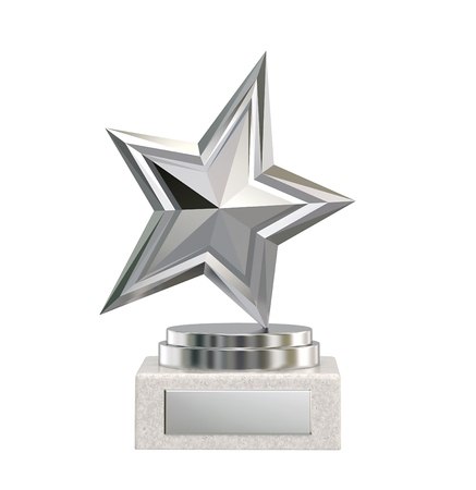 Silver star trophy award isolated on white. 3D rendering with clipping pathの写真素材
