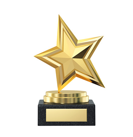 Gold star trophy award isolated on white. 3D rendering with clipping pathの写真素材