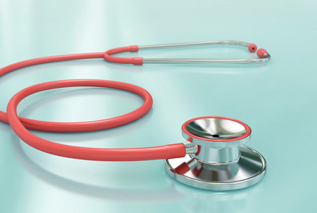 Red stethoscope with reflection on glossy background, healthcare concept. 3D renderingの写真素材