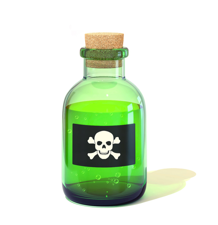 Bottle with green liquid and the poison sign label isolated on white. 3D renderingの写真素材