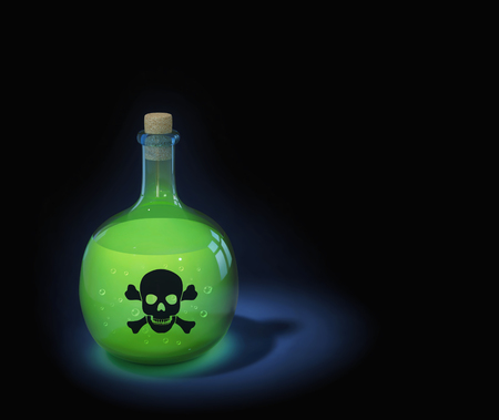 Bottle with green liquid and the poison sign on black background. 3D renderingの写真素材