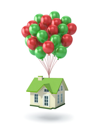 Flying house with balloons isolated on white. 3D rendering with clipping pathの写真素材