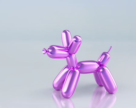 Purple balloon dog on glossy background. 3D rendering with clipping pathの写真素材