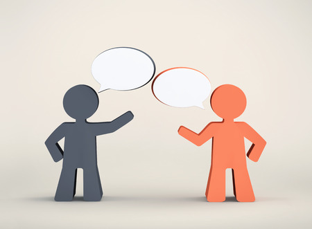 Dialogue between two men with blank speech bubbles. 3D renderingの写真素材