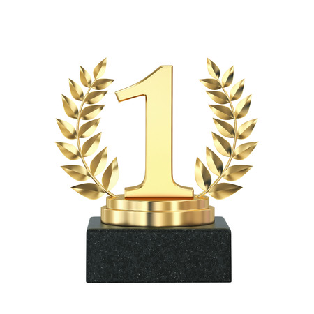 First place, golden trophy with laurel wreath isolated on white. 3D rendering with clipping pathの写真素材