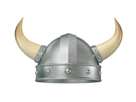 Viking helmet with horns isolated on white. 3D rendering with clipping pathの写真素材
