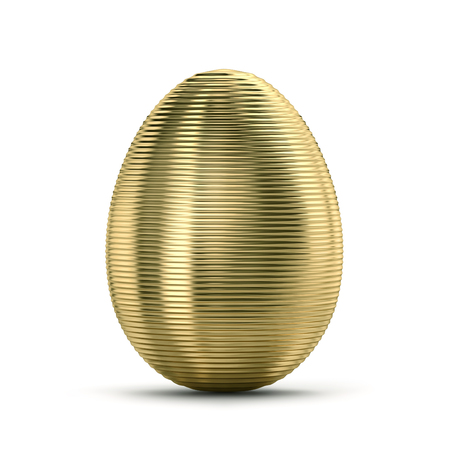 Decorated golden egg isolated on white background, ribbed metal texture. 3D rendering with clipping pathの写真素材