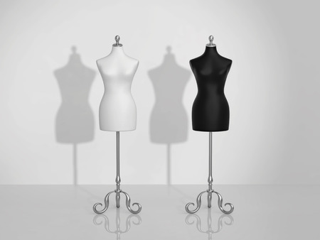 Two vintage mannequins, white and black. 3D renderingの写真素材