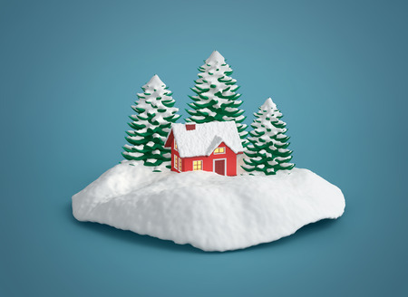 Winter house and pine trees isolated on blue background. 3D rendering with clipping pathの写真素材