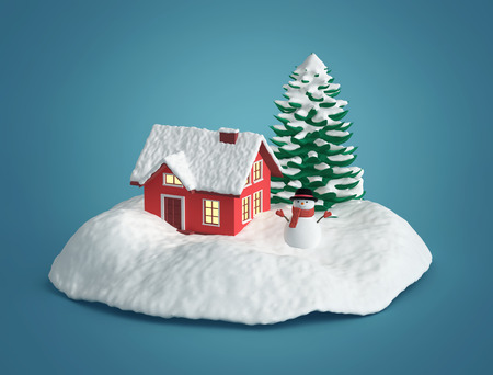 Winter scene. Winter house, pine tree and snowman isolated on blue background. 3D rendering with clipping pathの写真素材