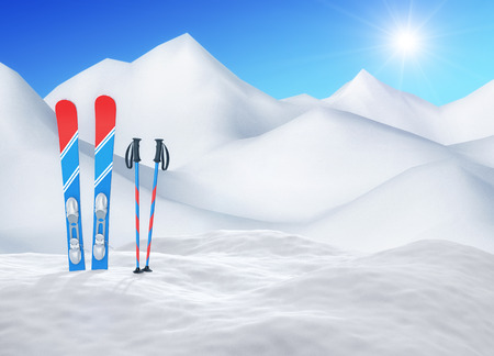 Ski in snow on the top of snowy mountains in sunny day. Winter holidays and skiing concept. 3D renderingの写真素材