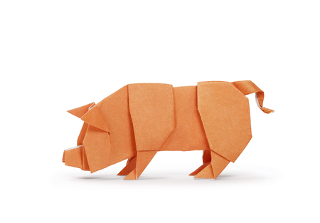 Origami paper pig isolated on white. Year of the pig. Clipping path includedの写真素材