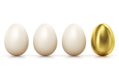 One golden egg among usual chicken eggs in row isolated on white. Concept of success.の写真素材