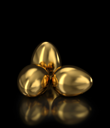 Three golden eggs isolated on black background.  3D renderの写真素材