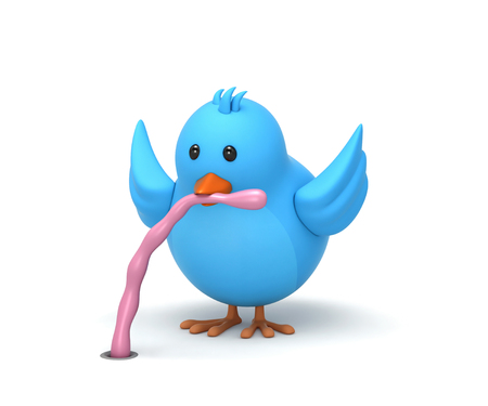 Blue bird pulling worm out of ground. Early bird gets the worm concept. 3D renderの写真素材