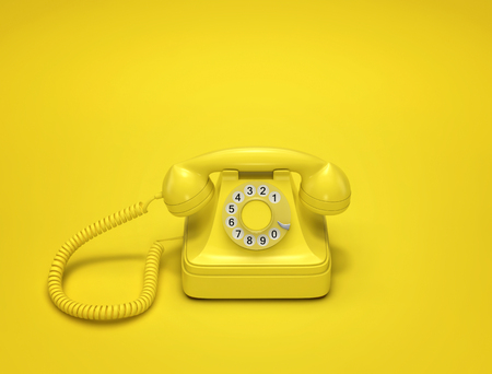 Yellow vintage phone on yellow background. 3D renderingの写真素材