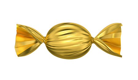 Candy in golden wrapper isolated on white. 3D rendering with clipping pathの写真素材