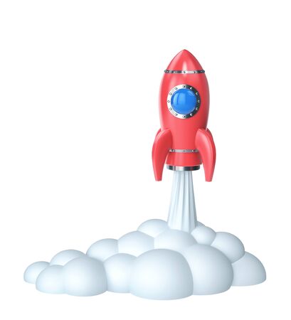 Red rocket launch isolated on white. 3D rendering with clipping pathの写真素材