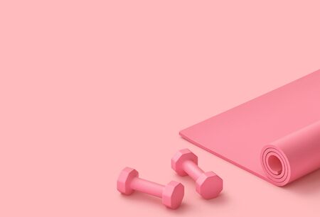 Pastel pink fitness background. Pink fitness mat and dumbbells. 3D renderingの写真素材