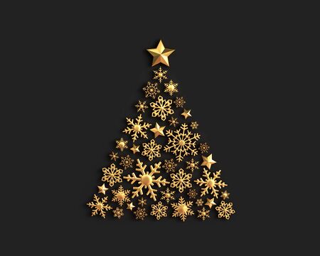 Golden snowflakes in the shape of a Christmas tree on black background. 3D renderingの写真素材