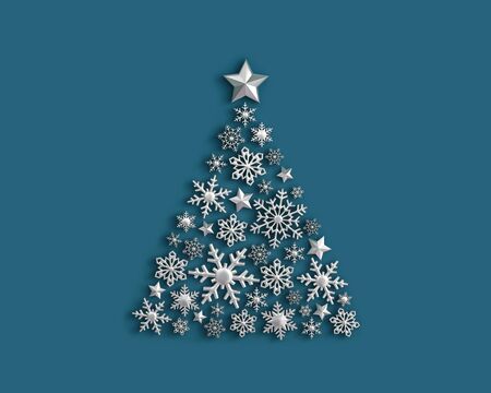 Silver snowflakes in the shape of a Christmas tree on blue background. 3D renderingの写真素材