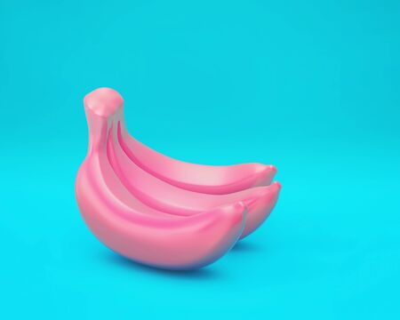 Three pink bananas on blue background. 3D renderingの写真素材