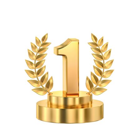 First place, golden trophy with laurel wreath isolated on white. 3D rendering with clipping pathの写真素材