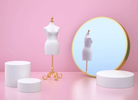 Clothing mannequin and mirror in pink room. 3D renderingの写真素材