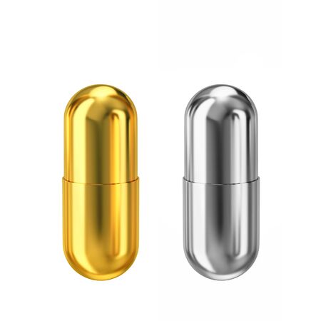 Gold and silver metal capsules isolated on white background. 3D renderingの写真素材