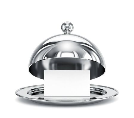 Open restaurant cloche with blank paper template isolated on white. 3D rendering with clipping pathの写真素材
