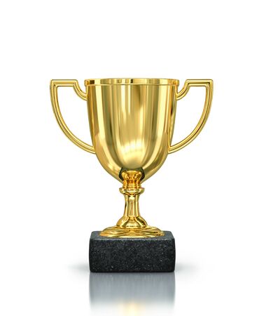 Golden champion cup with reflection isolated on white background. 3D rendering with clipping pathの写真素材