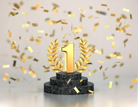 First place, gold winners trophy with laurel wreath and falling confetti. 3D renderingの写真素材