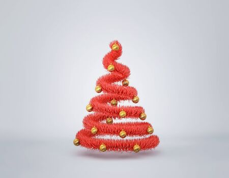 Abstract red christmas tree with golden christmas balls on gray background. 3D renderingの写真素材