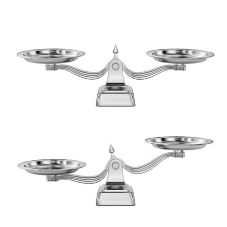Set of silver balance scales isolated on white background. 3D renderingの写真素材
