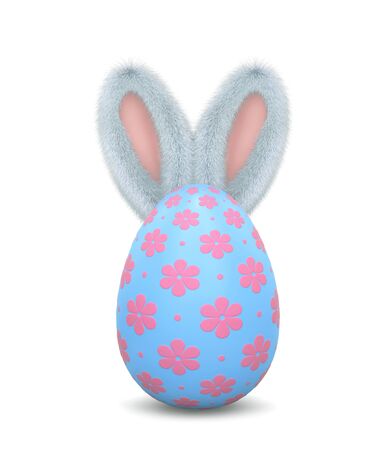 Fluffy bunny behind easter egg isolalated on white. 3D renderingの写真素材