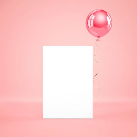 Blank paper template standing on the floor with pink foil balloon on pink background. 3D renderingの写真素材