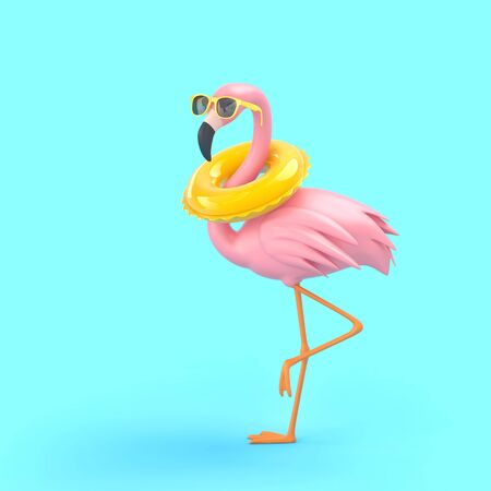 Funny flamingo in sunglasses with swimming ring on blue background. Summer vacation concept. 3D renderingの写真素材