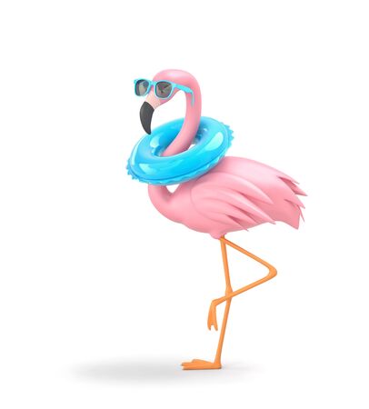 Funny flamingo in sunglasses with inflatable ring isolated on white.  3D renderingの写真素材