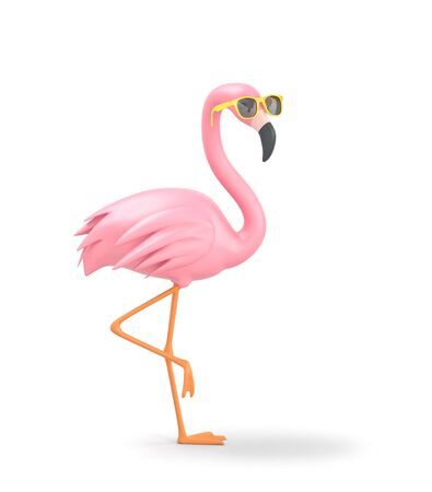Pink flamingo in yellow sunglasses  isolated on white.  3D renderingの写真素材