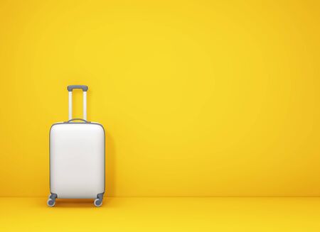 White suitcase on yellow background with copy space. Minimal travel concept. 3D renderingの写真素材
