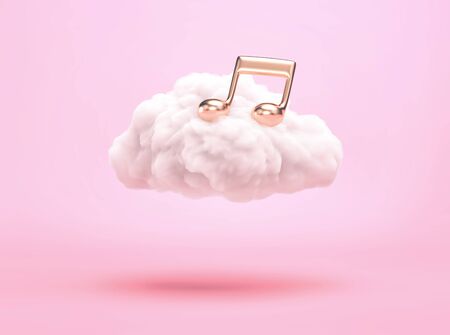 White cloud with gold music note on  pink background. Cloud music concept. 3D rendering