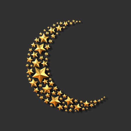 Golden stars in the shape of a crescent moon on black background. 3D renderingの写真素材