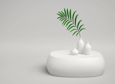 Abstract minimal background with vases and green plant branch. 3D renderingの写真素材