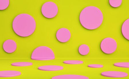 Polka dots studio background. Pink circles on a yellow green background. 3D renderingの写真素材