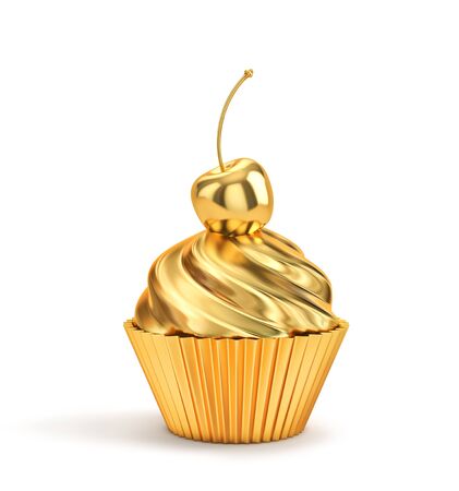 Golden cupcake with cherry isolated on a white.の写真素材