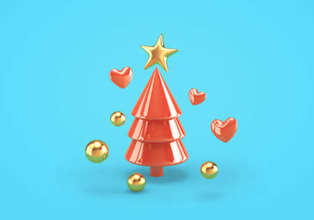 Abstract red christmas tree with golden star, spheres and hearts on blue background. 3D renderingの写真素材