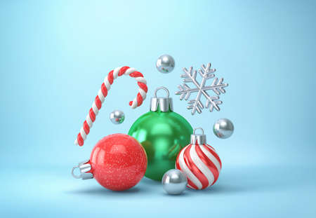 Christmas decor on blue background. Christmas balls, candy cane and silver snowflake. 3D renderingの写真素材