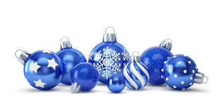 Blue christmas balls with different decorations isolated on white. 3D renderingの写真素材