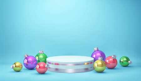 Podium, product stand with christmas balls on blue background. 3D renderingの写真素材